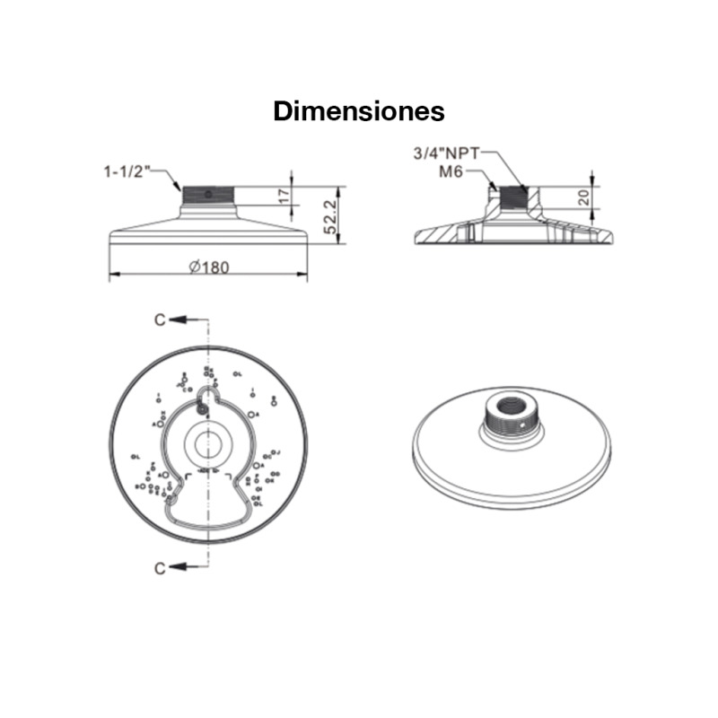 VIVOTEK AM-520_V05 - Soporte de montaje para camaras domo y fisheye, para exterior, Conector hembra 3/4" NPT,  Conector macho 1-1/2" PS image 2