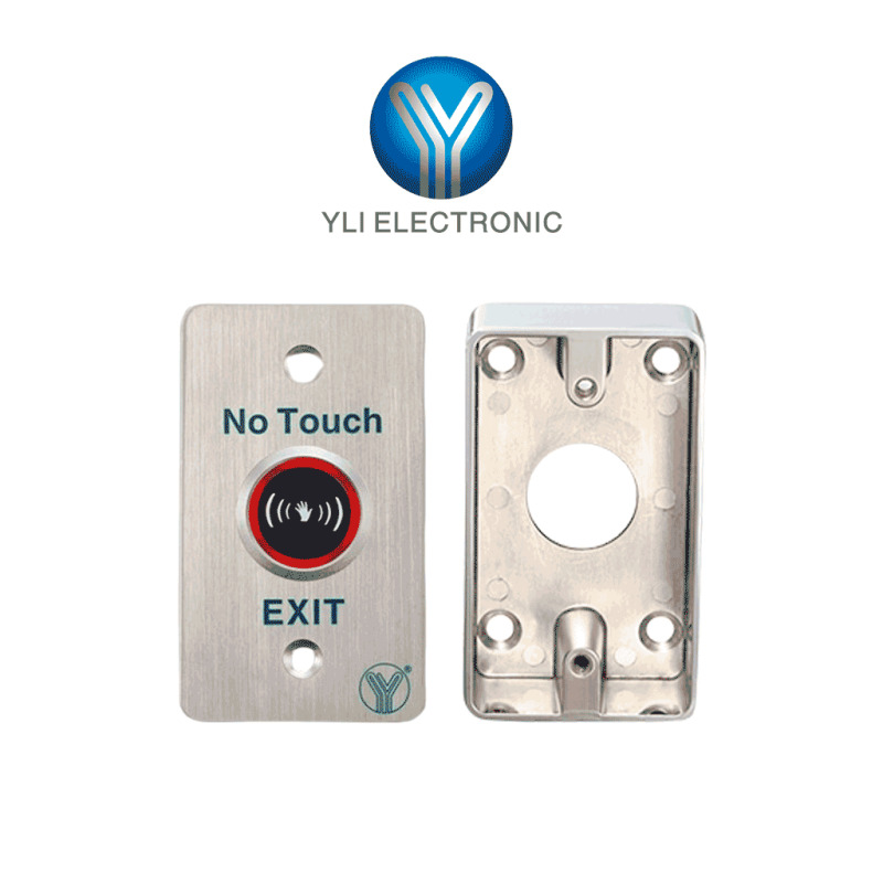 YLI KITISK841BLED800AM - Botón Liberador Sin Contacto con Sensor Infrarrojo Detección Ajustable y Retardo Programable, con Caja de Metal para Instalación Segura