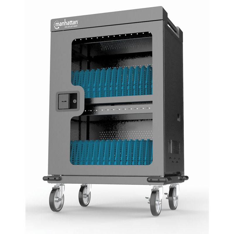 MANHATTAN 102353 - Carro de carga con 32 puertos/ Puerta de vidrio / USB-C - 576 W 32 puertos USB-C PD / amplias bahías para Chromebooks, tabletas y teléfonos, hasta 18 W por puerto / con ventilación / carcasa metálica, negro