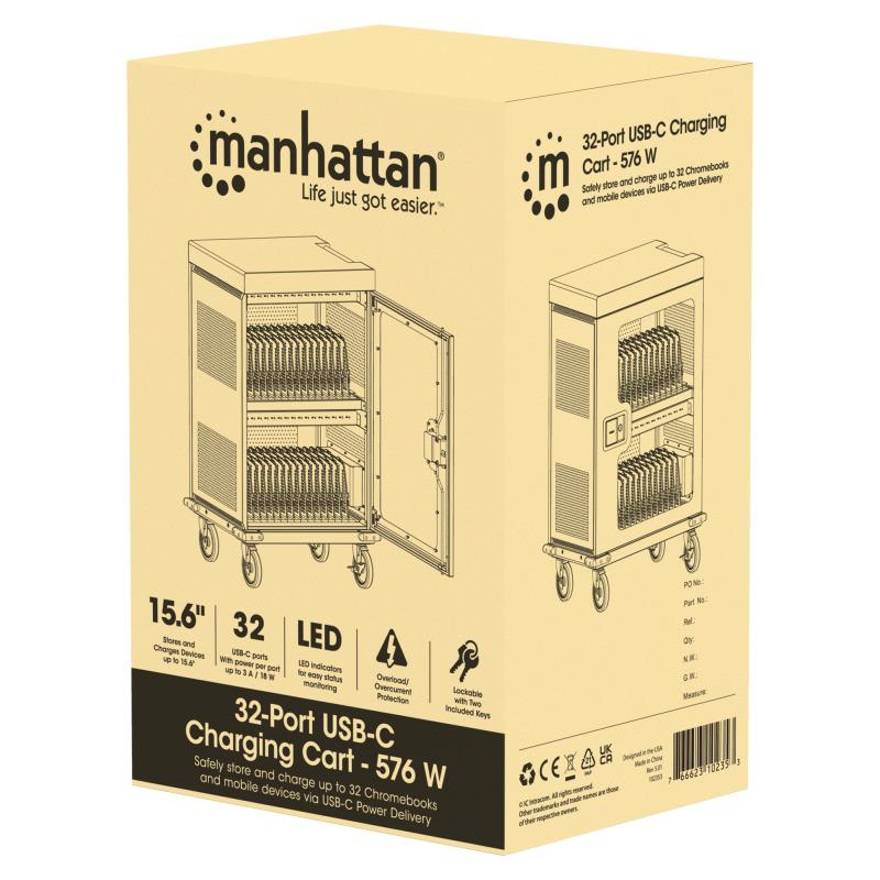 MANHATTAN 102353 - Carro de carga con 32 puertos/ Puerta de vidrio / USB-C - 576 W 32 puertos USB-C PD / amplias bahías para Chromebooks, tabletas y teléfonos, hasta 18 W por puerto / con ventilación / carcasa metálica, negro image 7