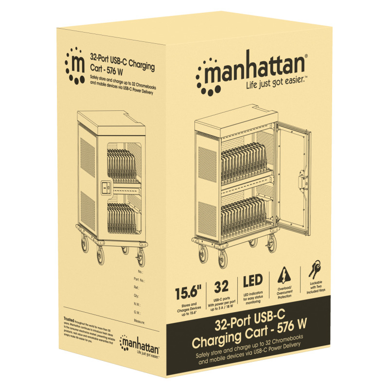 MANHATTAN 102353 - Carro de carga con 32 puertos/ Puerta de vidrio / USB-C - 576 W 32 puertos USB-C PD / amplias bahías para Chromebooks, tabletas y teléfonos, hasta 18 W por puerto / con ventilación / carcasa metálica, negro image 8