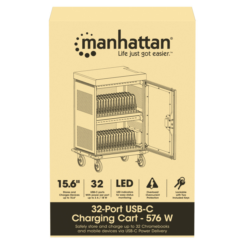 MANHATTAN 102353 - Carro de carga con 32 puertos/ Puerta de vidrio / USB-C - 576 W 32 puertos USB-C PD / amplias bahías para Chromebooks, tabletas y teléfonos, hasta 18 W por puerto / con ventilación / carcasa metálica, negro image 9