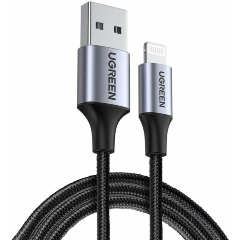 Cable USBA a Lightning | 1 Metro | Certificado MFi | Carga Rápida 5V/24 A | 480 Mbps | Conector C94 | Adecuado para iPhone iPad y iPod | Protección Integrada | Caja de Aluminio | Nylon Trenzado | Color Negro