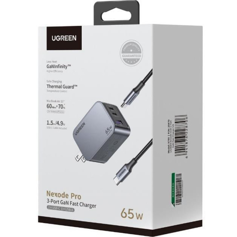 Cargador de 65W serie Nexode Pro | 3 Puertos de Carga Rápida | 2 USBC | 1 USBA | Tecnología GaNInfinity | PD31 de 65W / QC40 | Tecnología de Protección Térmica | Optimiza la Carga | Caja de Aluminio | Incluye Cable U image 5