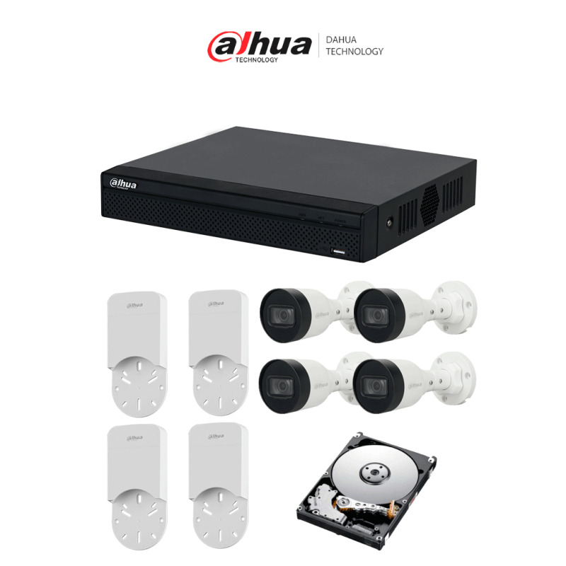 DAHUA KITNVR1104HS-P+4C+4S 1TB- Kit IP de 4 canales con NVR con 4 puertos PoE, 1TB de almacenamiento, y 4 cámaras bullet de 2MP con clasificación IP67. Incluye caja de conexiones PFA12A de policarbonato resistente, ideal para exteriores. #KitDahua
