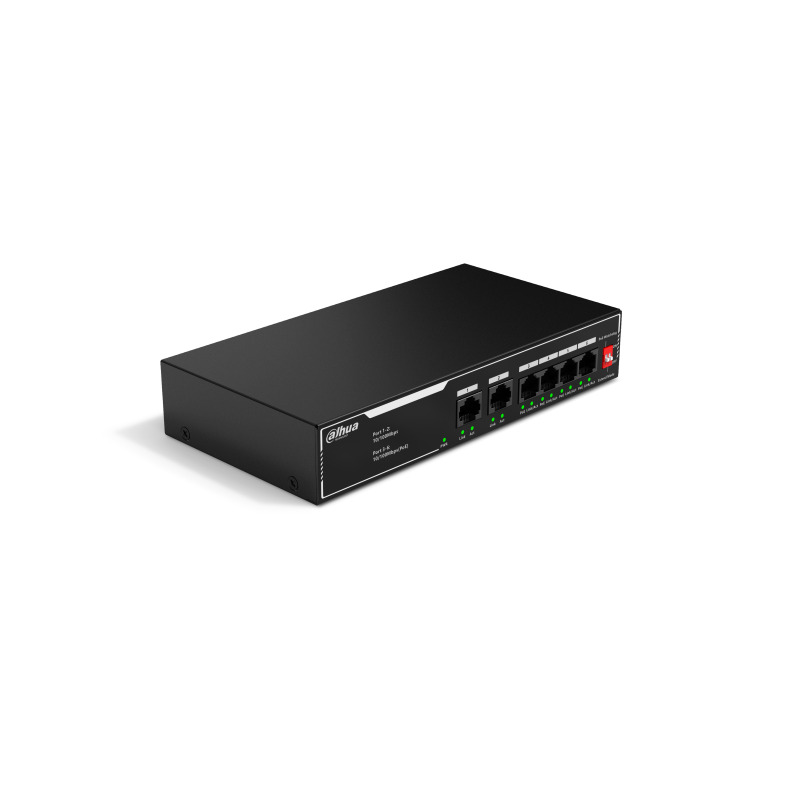DAHUA  DH-SF1006LP - Switch PoE de 6 Puertos Fast Ethernet/ 4 Puertos PoE 10/100/ 36 Watts Totales/ 2 Puertos Uplink RJ45 10/100/ PoE Watchdog/ Soporta hasta 250mts sobre UTP CAT 6/ Protección Contra Descargas/ #LoNuevo