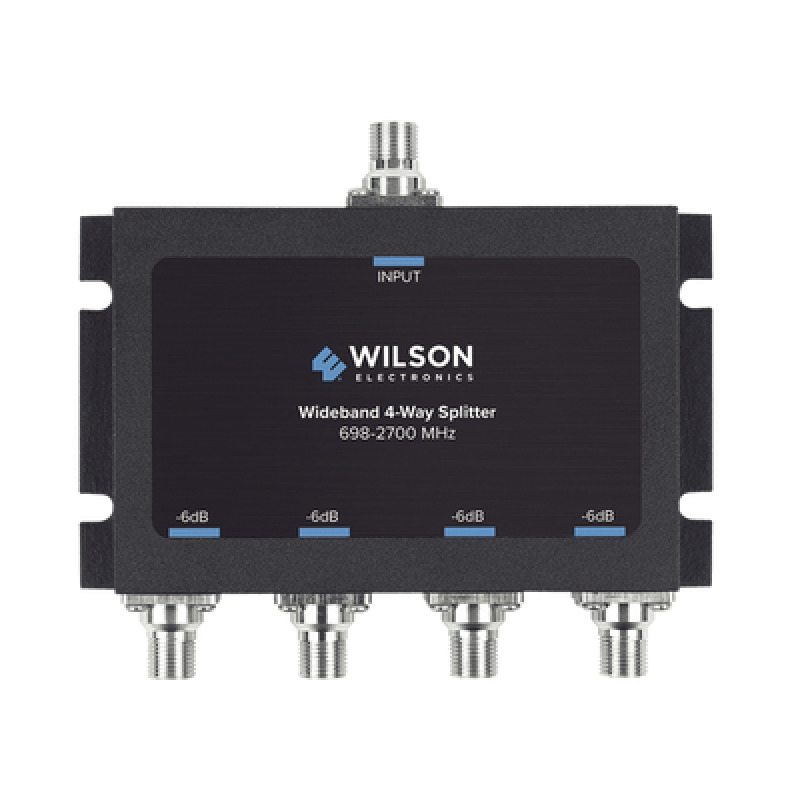 Divisor de potencia de 4 vías para la distribución de señal a dos antenas de servicio | 6 dB de pérdida por puerto | Conectores F hembra