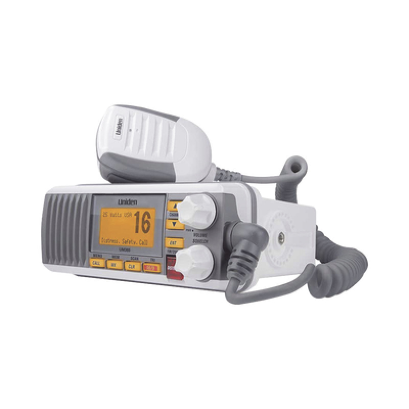 Radio Móvil Marino VHF color blanco Tx 156025 157425 MHz Rx 156050 163275 MHz 25W de potencia sumergible IPX4 incluye micrófono y cable de alimentación