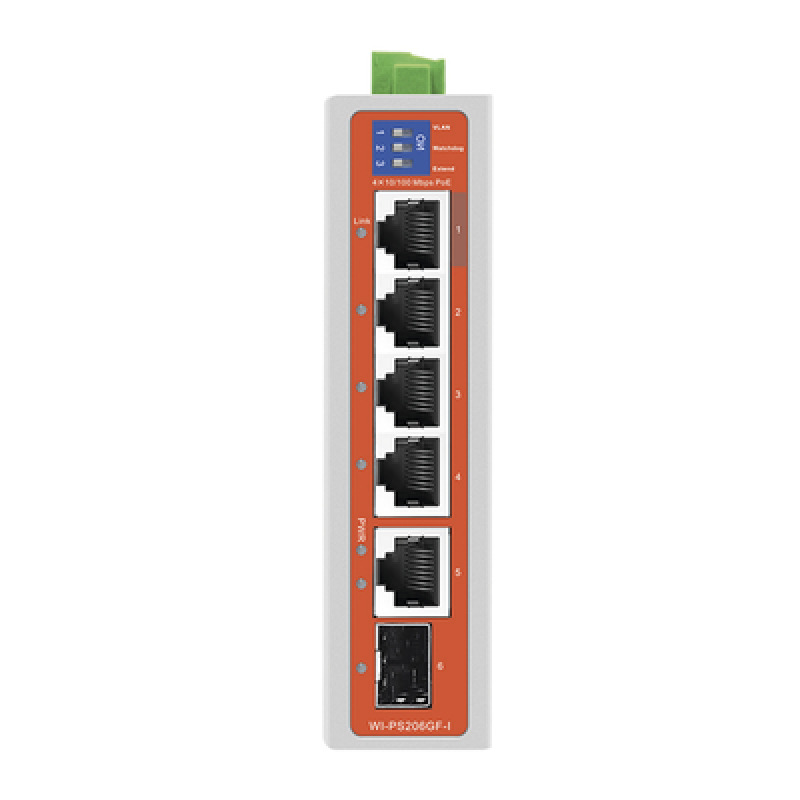Switch Industrial / 4 Puertos 10/100 Mbps con PoE 8023af/at / 2 Puertos Uplink Gigabit 1 Rj45  1 SFP / PoE Hasta 250 m
