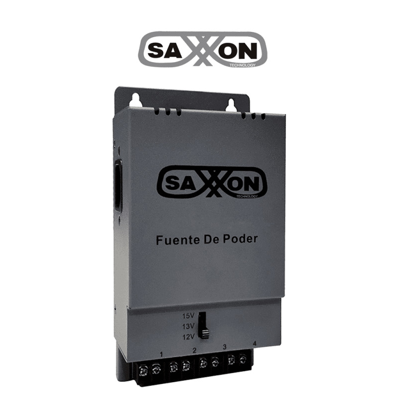 SAXXON ENERGIA PSU1205A - Fuente de poder Regulable Metálica/ Conexión de Hasta 4 Canales/ Voltaje de Ajuste 12V 13V o 15V cc/ Salida de Hasta 5 Amp en los 4 Canales/ Instalación en Pared