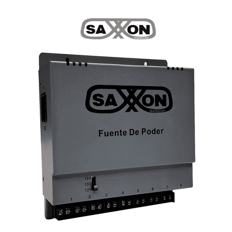 SAXXON ENERGIA PSU1208A - Fuente de poder Regulable Metálica/ Conexión de Hasta 8 Canales/ Voltaje de Ajuste 12V 13V o 15V cc/ Salida de Hasta 5 Amp en los 4 Canales/ Instalación en Pared