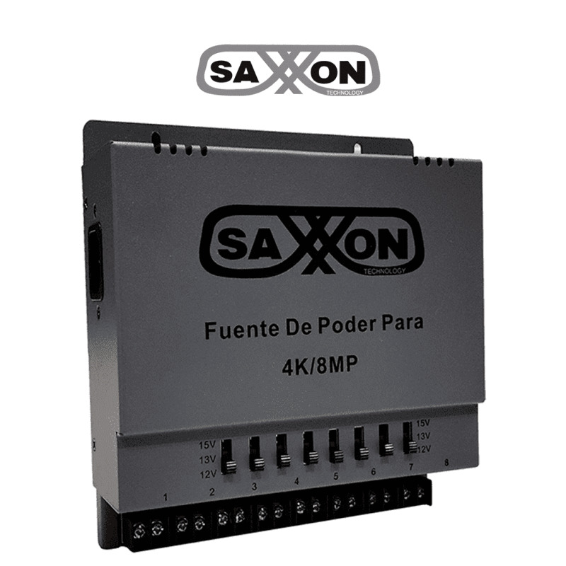 SAXXON ENERGIA PSU1208A-4K - Fuente de poder Regulable Metálica/ Conexión de Hasta 8 Canales/ Voltaje de Ajuste 12V 13V o 15V cc/ Salida de Hasta 5 Amp en los 4 Canales/ Instalación en Pared