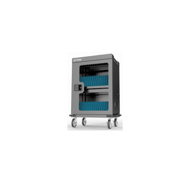 MANHATTAN 102353 - Carro de carga con 32 puertos/ Puerta de vidrio / USB-C - 576 W 32 puertos USB-C PD / amplias bahías para Chromebooks, tabletas y teléfonos, hasta 18 W por puerto / con ventilación / carcasa metálica, negro