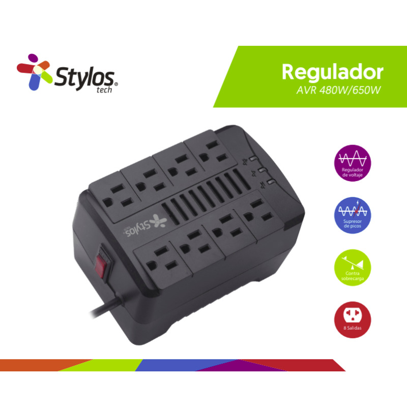 REGULADOR DE VOLTAJE STYLOS (STRE650B) RE650, 1200VA/650W, 8 CONTACTOS, NEGRO image 3