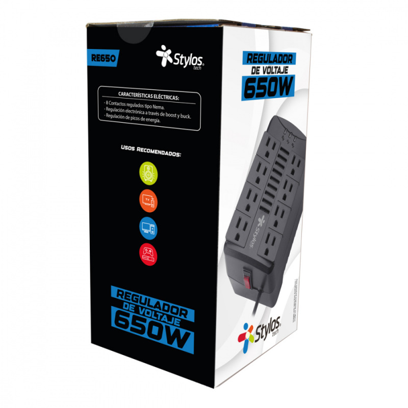 REGULADOR DE VOLTAJE STYLOS (STRE650B) RE650, 1200VA/650W, 8 CONTACTOS, NEGRO image 4