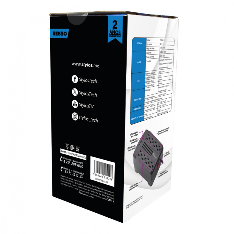 REGULADOR DE VOLTAJE STYLOS (STRE650B) RE650, 1200VA/650W, 8 CONTACTOS, NEGRO image 5