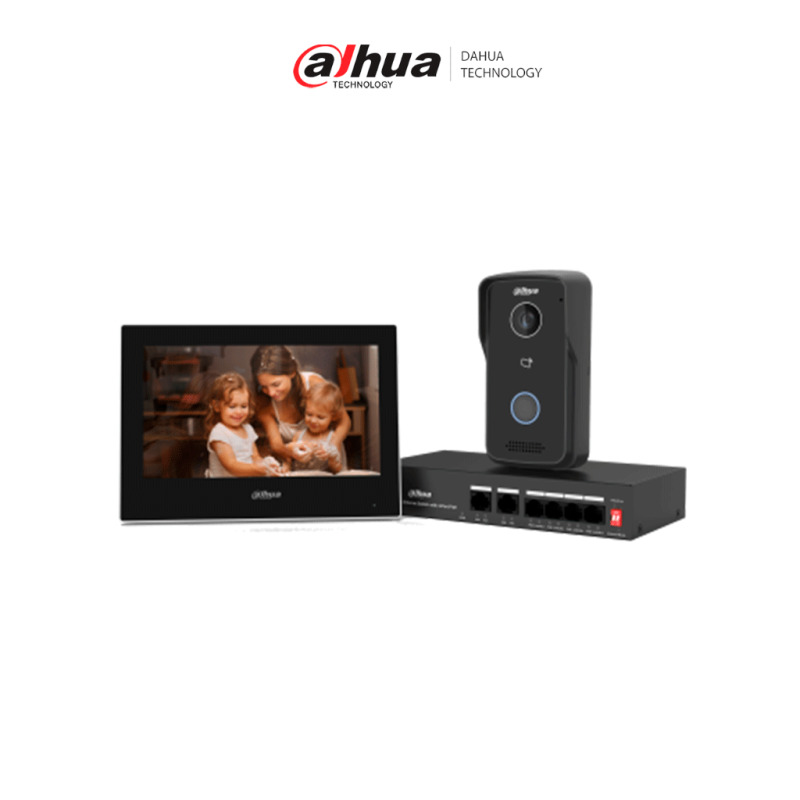 DAHUA KTP03 - Kit de Videportero IP/ Monitor de 7 Pulgadas. Frente de Calle y Switch PoE/ 6&1 E&S de Alarma/ Frente de Calle IP65/ IR/ Apertura Remota/ Controla 2 Puertas/ Switch de 4 Puertos PoE 10/100/ 2 Puertos Uplink/ #LoNuevo