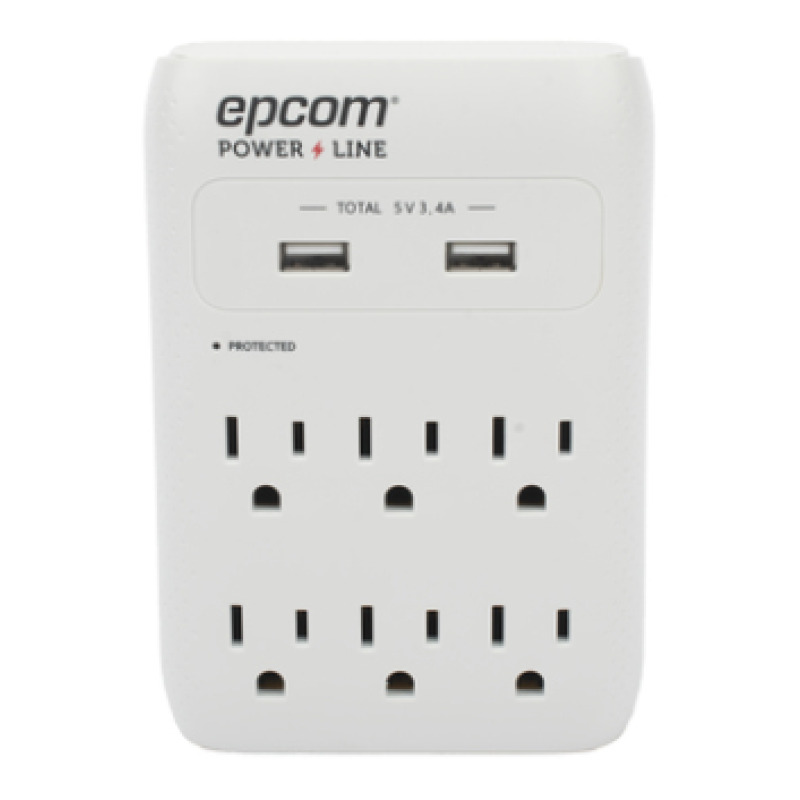 Multicontacto de Pared 110 Vca / Supresor de Picos 1080 Joules / 6 x Nema 515P / 2 x USB 5V 34A