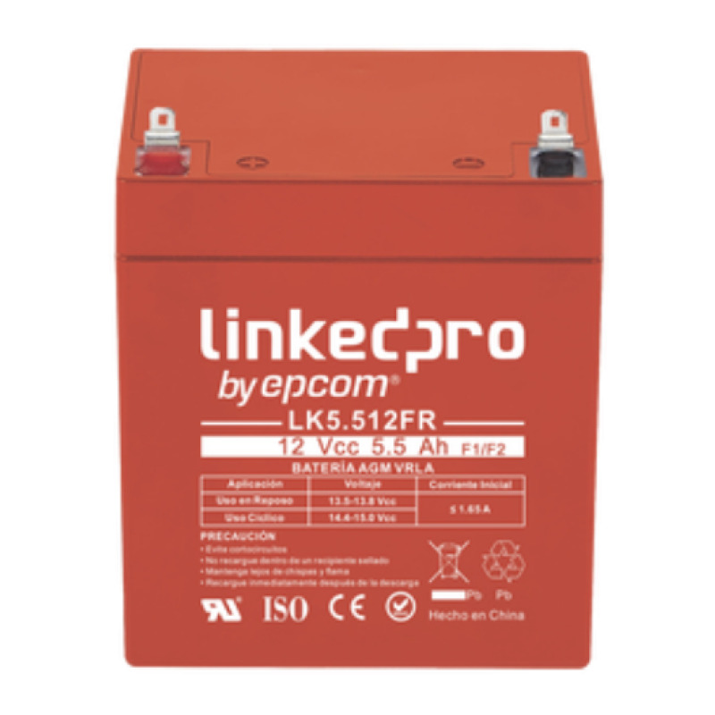 Batería 12 Vcc / 55 Ah / UL / Tecnología AGMVRLA / Vida útil promedio de 5 años / Retardante a la Flama / Para uso en equipo electrónico Alarmas de Intrusión / Incendio/ Control de acceso / Video Vigilancia / T