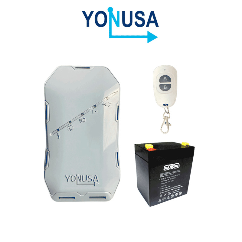YONUSA EYHS1BAT Energizador de nueva generación para solución de cerco eléctrico. Cubre 500 metros lineales o 100 metros en 5 líneas  y batería de respaldo de 12VDC a 4.5 Ah