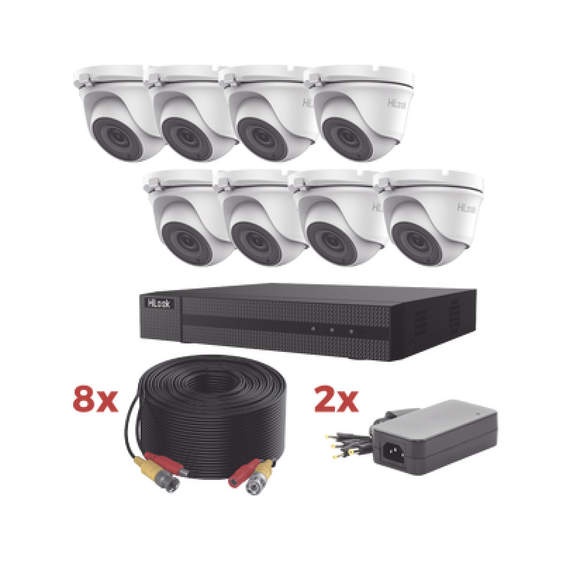 Kit TurboHD / DVR 8 Canales 1080p Lite / 8 Cámaras turret 1080p metalicas / 8 cables de 20 metros / 2 fuentes de 4 canales