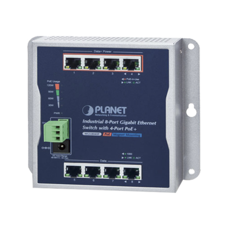 Switch Industrial No Administrable Múltiple Montaje Pared Riel DIN y Magnético 8 Puertos Gigabit con 4 puertos PoE 8023at Hasta 120 W