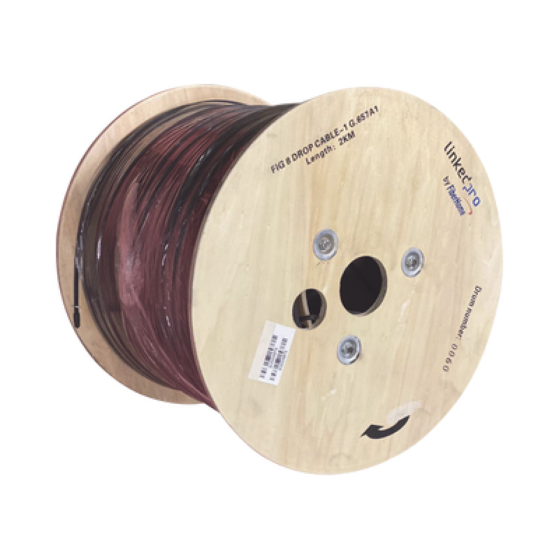 Carrete de 2 km de Fibra Óptica Aérea Mini Figura 8 G657A1 tipo Drop Monomodo de 1 Hilo unifibra Color Negro Span 80