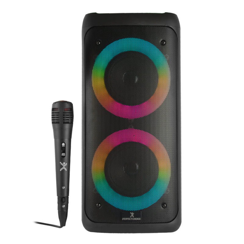 BOCINA INALAMBRICA BLUETOOTH PORTATIL CON MICROFONO RECARGABLE LUZ RGB DOBLE BOCINA 4 PULGADAS PERFECT CHOICE FESTA ULTIMATE - NEGRO