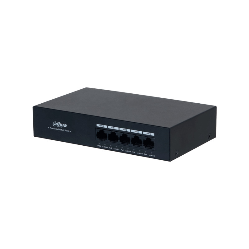 DAHUA DH-PFS3005-4GT-36 - Switch con 4 puertos Gigabit PoE y 1 puerto RJ45 10/100/1000 Mbps. Ofrece protección contra descargas eléctricas, ideal para alimentar dispositivos IP. Incluye fuente de poder integrada. image 3