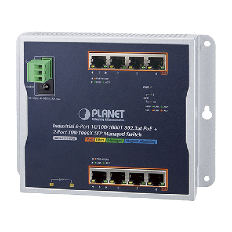 Switch Industrial PoE Administrable de Pared Capa 2 8 Puertos Gigabit PoE 8023at y 2 Puertos 100/1000X SFP
