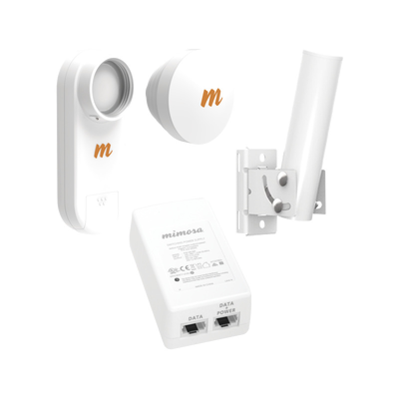 Kit de radios C5X rango de frecuencia extendida 49 a 64 GHz  incluye inyector POE montaje universal para tubo o poste Y una antena de 16 dBi