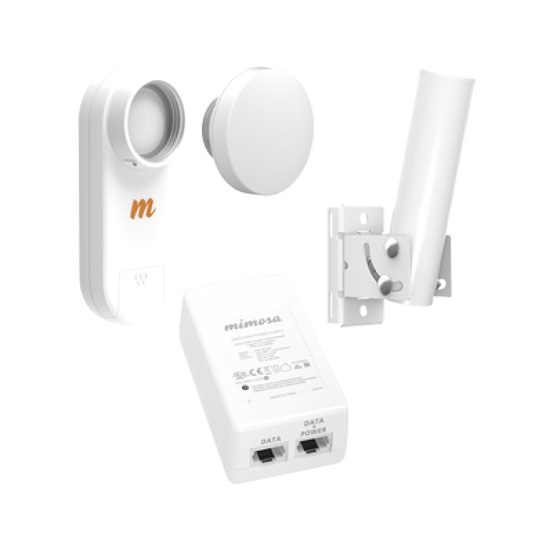 Kit de radios C5X rango de frecuencia extendida 49 a 64 GHz  incluye inyector POE montaje universal para tubo o poste Y una antena de 12 dBi