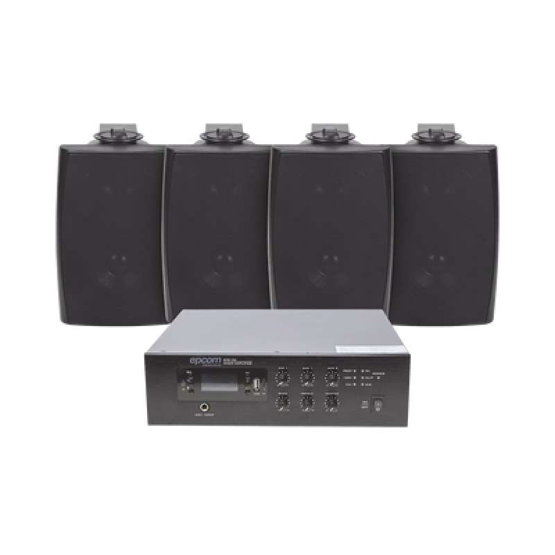 KIT de Amplificador de 120W para Escritorio | 4 Altavoces de Pared color Negro 25W  20W | Sistema 70/100V