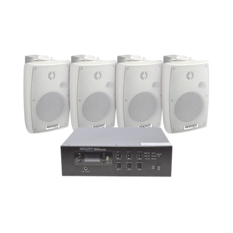 KIT de Amplificador de 120W para Escritorio | 4 Altavoces de Pared color Blanco 25W  20W | Sistema 70/100V