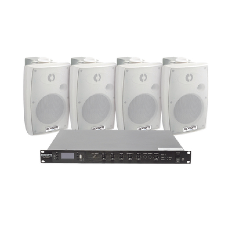 KIT de Amplificador de Audio 120W para Rack | 4 Altavoces de Pared color Blanco 25W  20W | Sistema 70/100V
