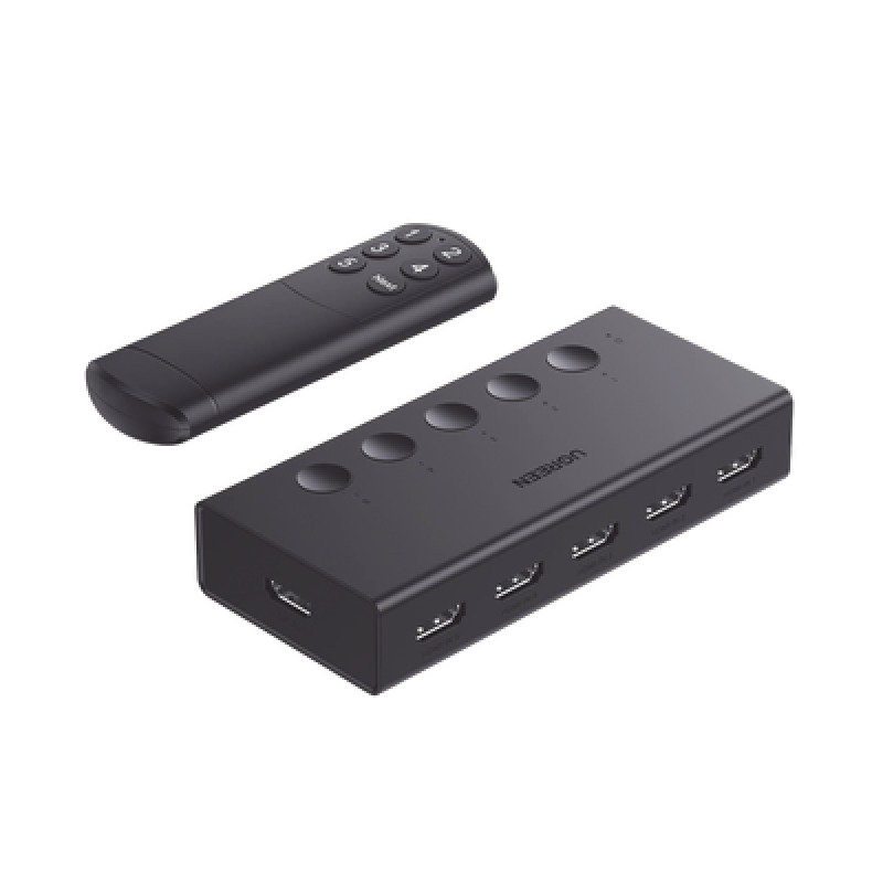 Conmutador HDMI 5X1 | 4K60Hz | HDMI 20 14 | HDCP 22 14 | VRR | Dynamic HDR | 3D | CEC | EDID | IR 10m | 18Gbps | Cambio Manual y por Control Remoto | Incluye Cable de Alimentación USB