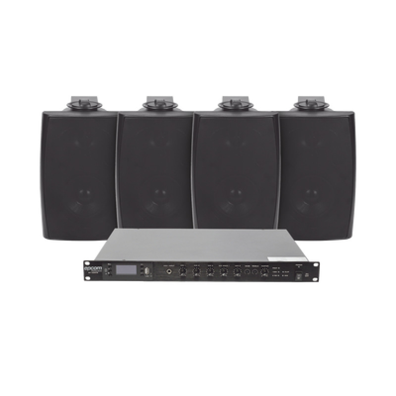 KIT de Amplificador de Audio 120W para Rack | 4 Altavoces de Pared color Negro 25W  20W | Sistema 70/100V