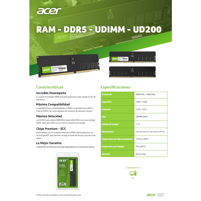 MEMORIA ACER UD200 UDIMM DDR5 16GB 4800MHZ, 1.1V ESCRITORIO (BL.9BWWA.420) image 6