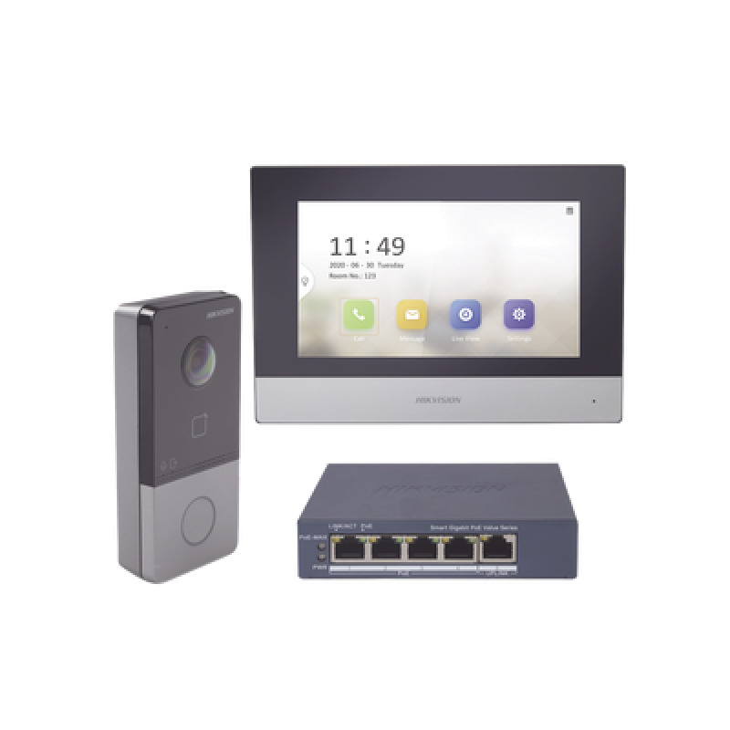 Kit de Videoportero IP  Switch Poe Poe Estandar con llamada a App de Smartphone HikConnect / Apertura con tarjeta MIFARE / Frente de calle IP65 / Soporta 1 Departamento