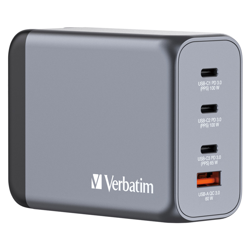 Cargador de pared Verbatim GaN de 200 W combina dos puertos USB-C PD 100 W, un puerto USB-C PD 65 W y un puerto USB-A QC 3.0