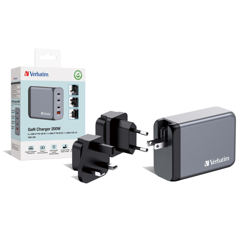 Cargador de pared Verbatim GaN de 200 W combina dos puertos USB-C PD 100 W, un puerto USB-C PD 65 W y un puerto USB-A QC 3.0 image 4