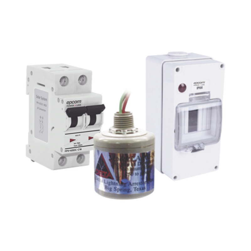 Kit de Centro de Carga Para Corriente Directa Breaker de hasta  800 Vcc de 16 A con Supresor de Descargas Atmosféricas