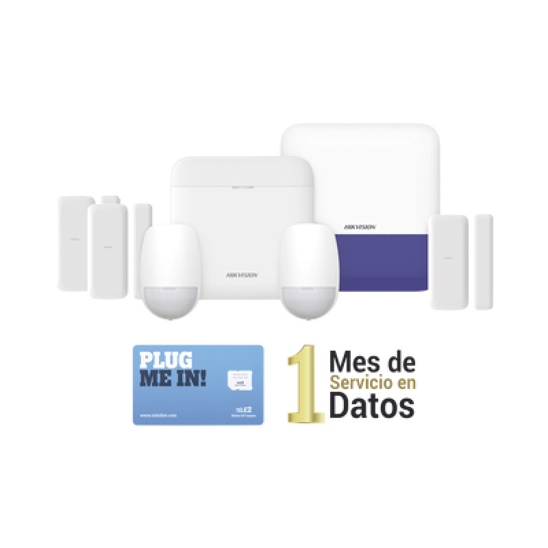 AX PRO KIT de Alarma AX PRO con GSM 3G/4G / Incluye 1 Hub / 2 Sensores PIR / 3 Contactos Magnéticos mini / 1 Control Remoto / 1 Sirena Inalambrica Exterior  / 1 WiFi / 1 MICROSIM30M2M con 1 mes de servicio/Compatible con HikConnect P2P