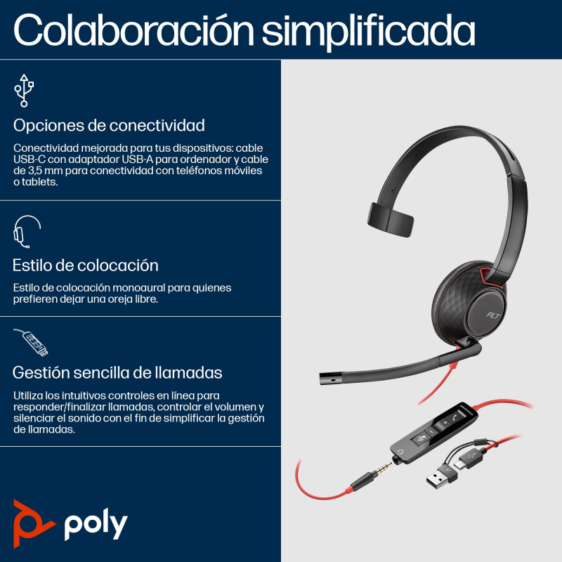 DIADEMA HP POLY 8X230AA BW 5210 / MONOAURALES USB-C/A CONECTOR DE 3,5 MM CANCELACION DE RUIDO image 4