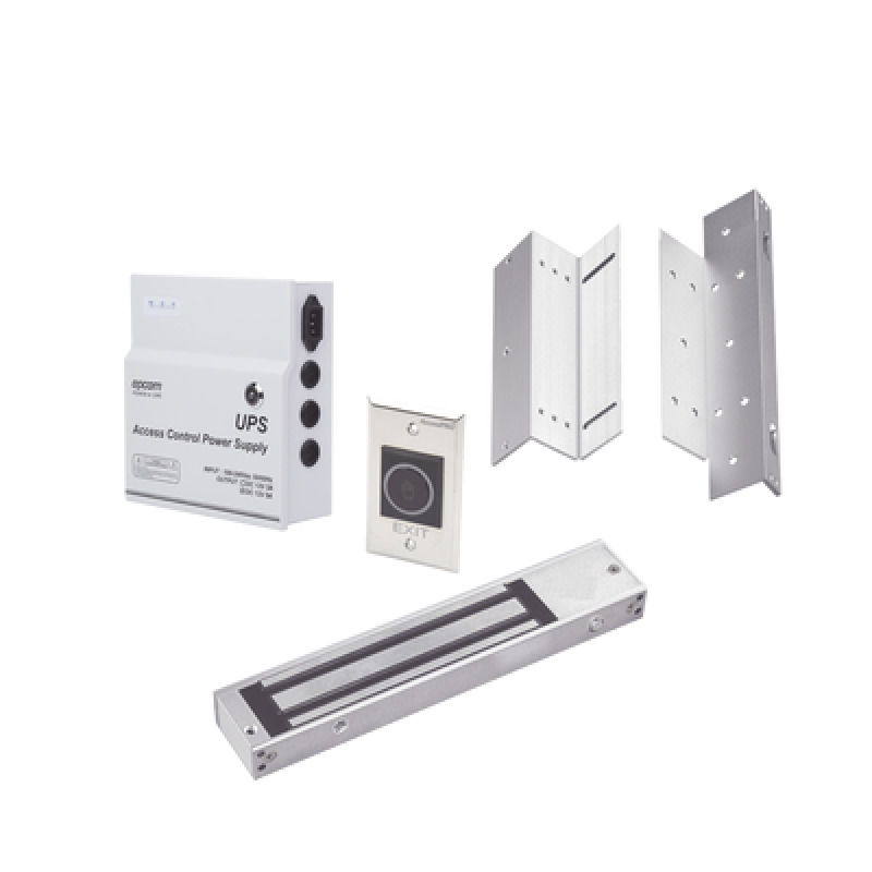 Kit para control de acceso incluye Fuente de 12VCD con respaldo de batería/ Chapa magnética de 600Lbs / Montajes L y Z / Botón de salida 