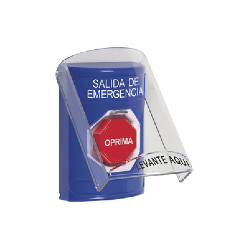 Botón de Salida de Emergencia Texto en Español Tapa Protectora de Policarbonato Súper Resistente Restablecimiento con Llave