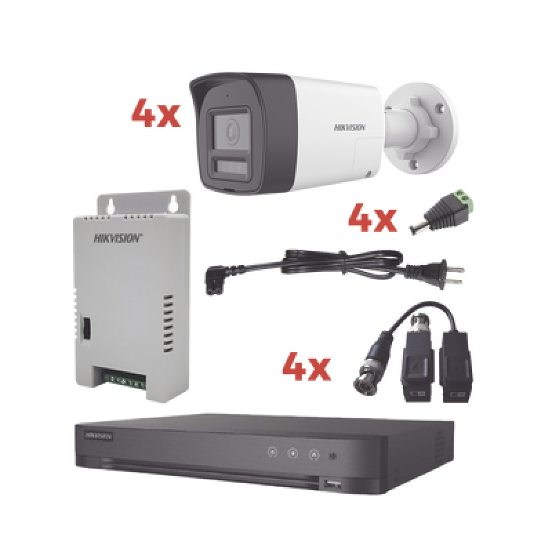 Kit Audio Bidireccional TurboHD 1080p / DVR 4 Canales / 4 Cámaras Bala Exterior con Bocina y Microfóno Integrado / 1 Fuente de Poder / Accesorios