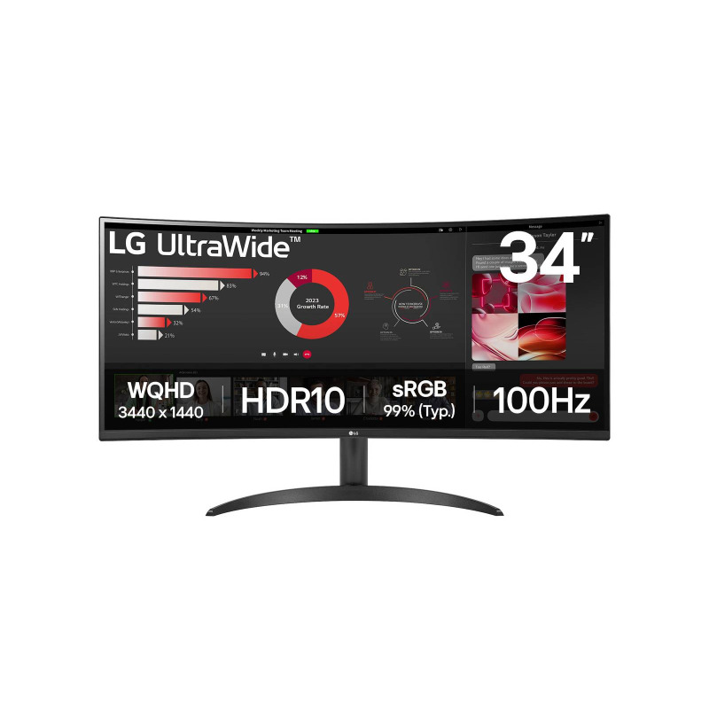 MONITOR PC LG CURVO ULTRAWIDE QHD 34WR50QK,34 PULG,RESOL. 3440X1440,1800R,PANEL VA,REL. 21:9,BRILLO 300 CD/M2,CONTR. 3000:1,TR 5MS,100 HZ,HDR10,HDMI,DISPLAY PORT,MONTABLE PARED 100X100,NEGRO.
