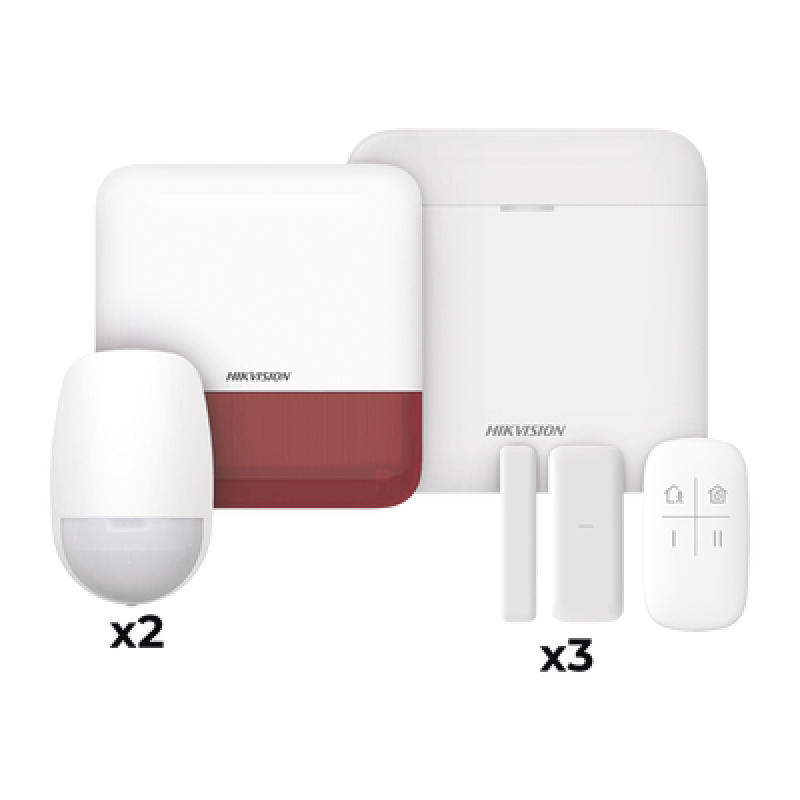 AX PRO KIT de Alarma AX PRO con GSM 3G/4G / Incluye 1 Hub con bateria de respaldo / 2 Sensores PIR / 3 Contactos Magnéticos mini / 1 Control Remoto / 1 Sirena estrobo Roja Inalambrica Exterior  / WiFi / Compatible con HikConnect P2P