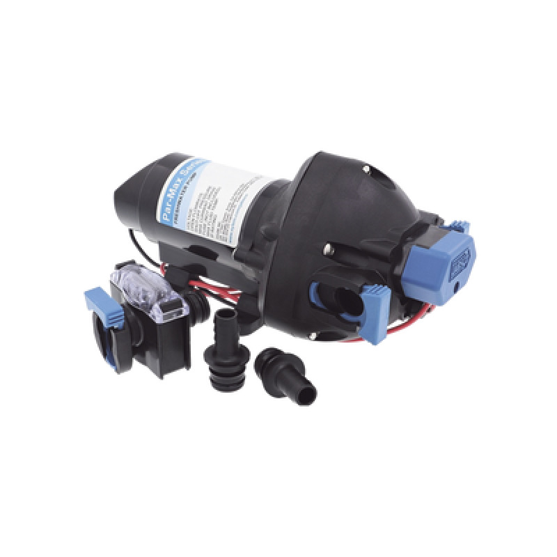 Bomba controlada por presión Par Max a 12 Vcd caudal de 2 GPM presión máxima 35 psi para manguera de entrada con orificio de 38 mm 1 manguera de descarga con orificio de 25 mm 1